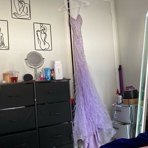 This is a mermaid style, corset back, jeweled with feathers at the bottom dress.
